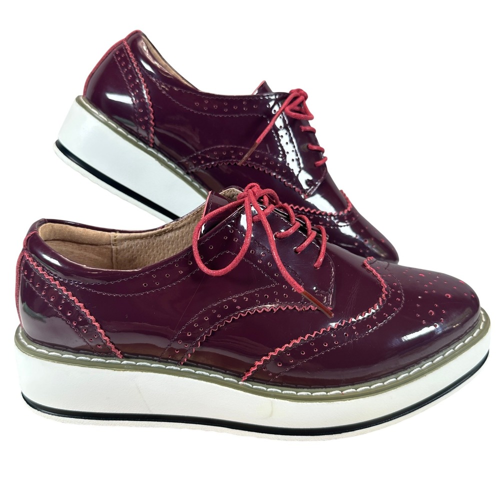 Dadawen Womens Platform Oxfords Burgundy Patent Wingtip Brogue Shoes 42 366-1.5